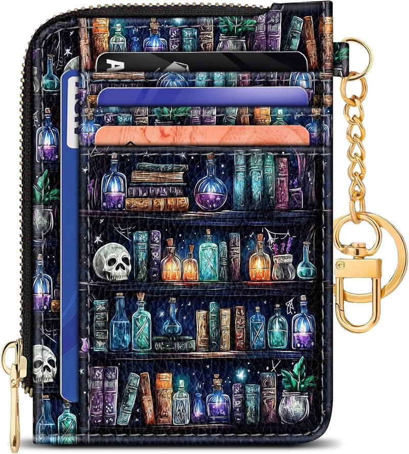 GIANCOMICS Slim Wallet Credit Card Holder Women, Goth Bookshelf Rfid Blocking Small Card Case, Keychain Thin Pocket Curved Zipper Wallet, Travel Card Holder PU Leather ID Window, Ladies Female Gifts - Image 1